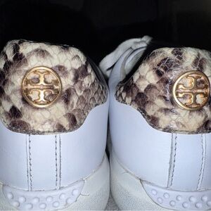 Tory Burch-White Leather Sneakers w/Snake Skin Accent & Gold Logo-Size 10.5